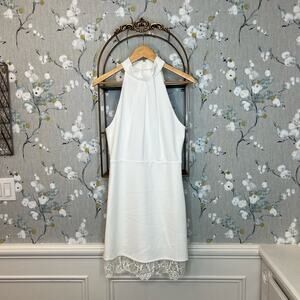 Lulus White Mini Dress with High Neckline and Lace Accent - Size M